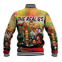 Multicolor baseball jacket back with ribbed striped collar and leader collage graphic