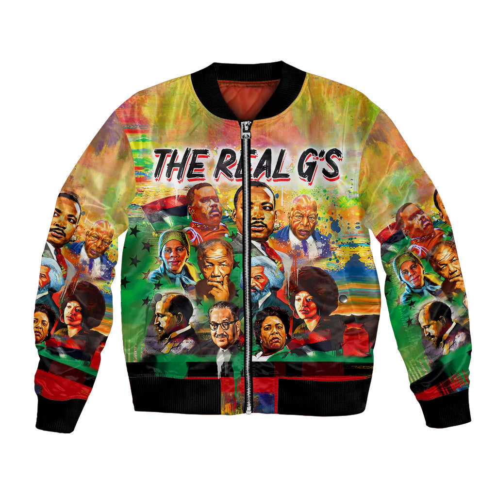 Colorful graphic bomber jacket with full zip, ribbed black collar, cuffs, and hem.