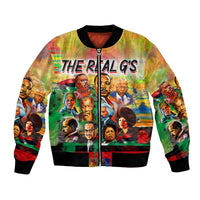 Colorful graphic bomber jacket with full zip, ribbed black collar, cuffs, and hem.