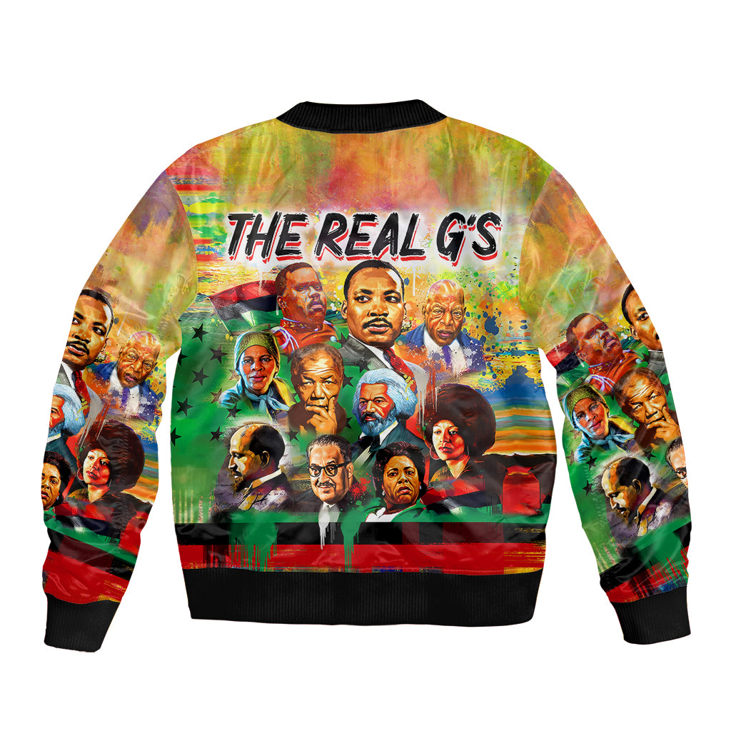 Colorful graphic bomber jacket with ribbed black collar and cuffs, back panel illustration.
