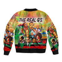 Colorful graphic bomber jacket with ribbed black collar and cuffs, back panel illustration.