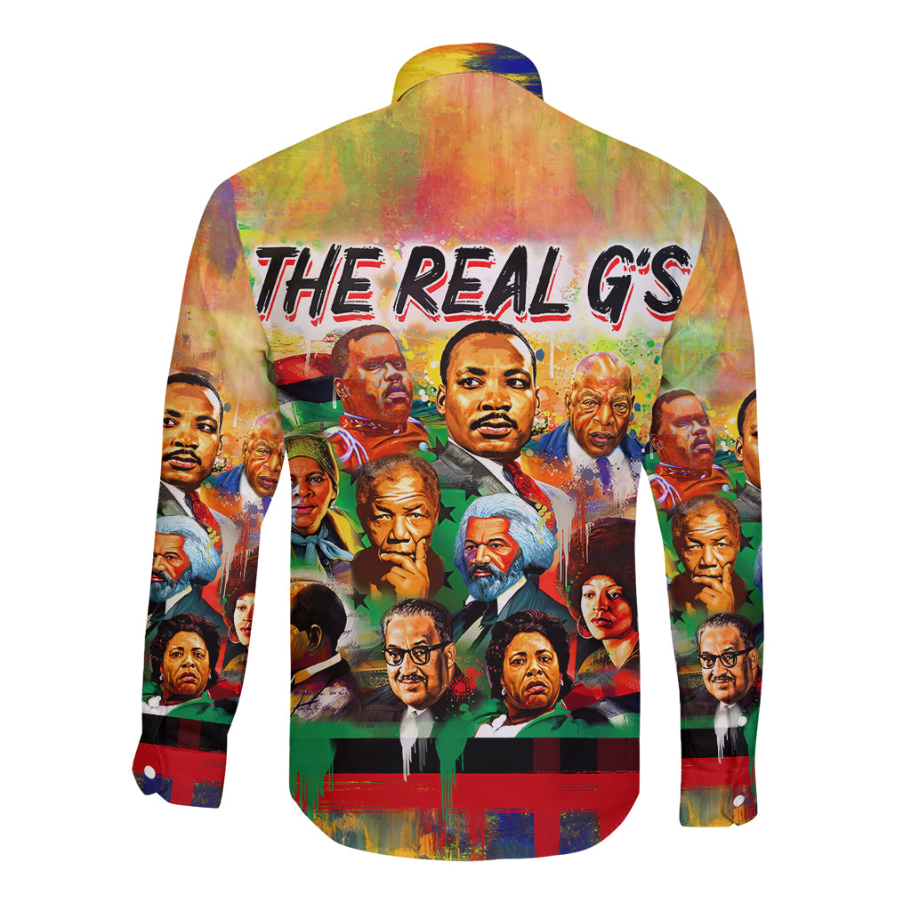 Long sleeve button shirt with colorful civil rights leader art print, back view