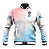 Unisex baseball jacket with front skull-girl graphic and snap-button varsity collar