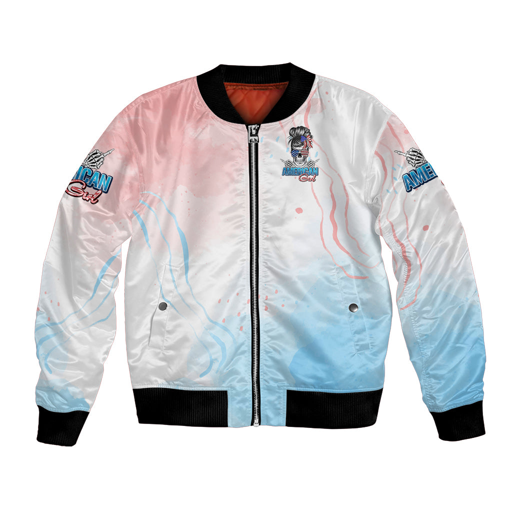 White bomber jacket with front zip and colorful skull girl graphic