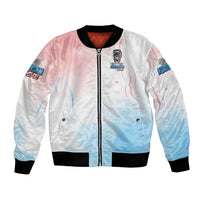 White bomber jacket with front zip and colorful skull girl graphic
