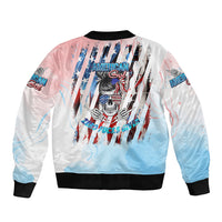 White bomber jacket with back skull girl American flag graphic, ribbed hem