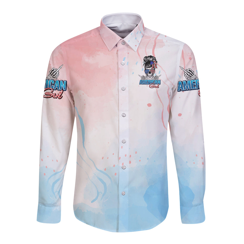 Skull Girl Long Sleeve Button Shirt Never Fck Given - Wonder Print Shop