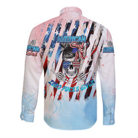 Unisex long sleeve button shirt with large back skull graphic and striped text
