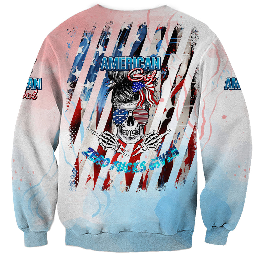 Unisex crewneck sweatshirt with large back American Girl skull graphic, blue and pink wash