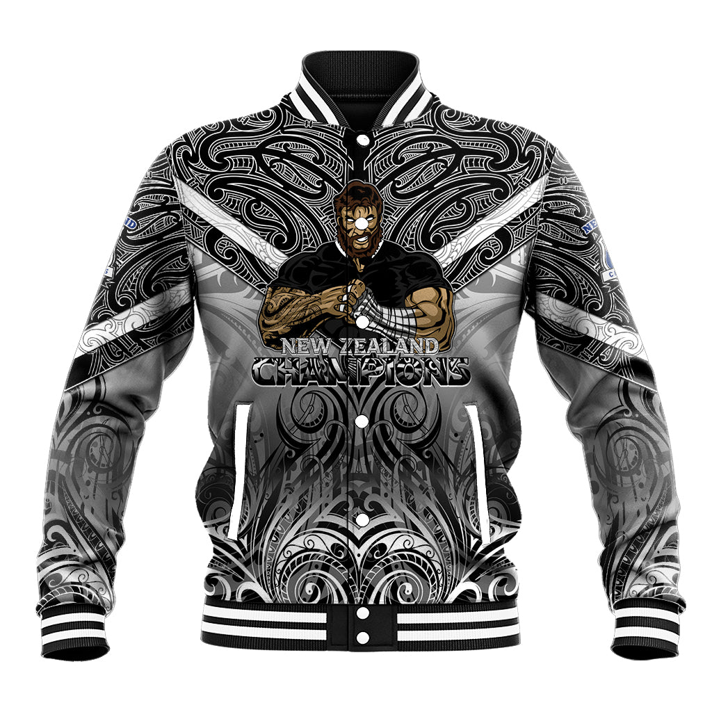 Black baseball jacket with bold tribal pattern, ribbed collar, striped cuffs and hem
