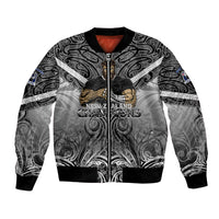 Black unisex bomber jacket with ornate paisley print, front zip, ribbed collar and cuffs