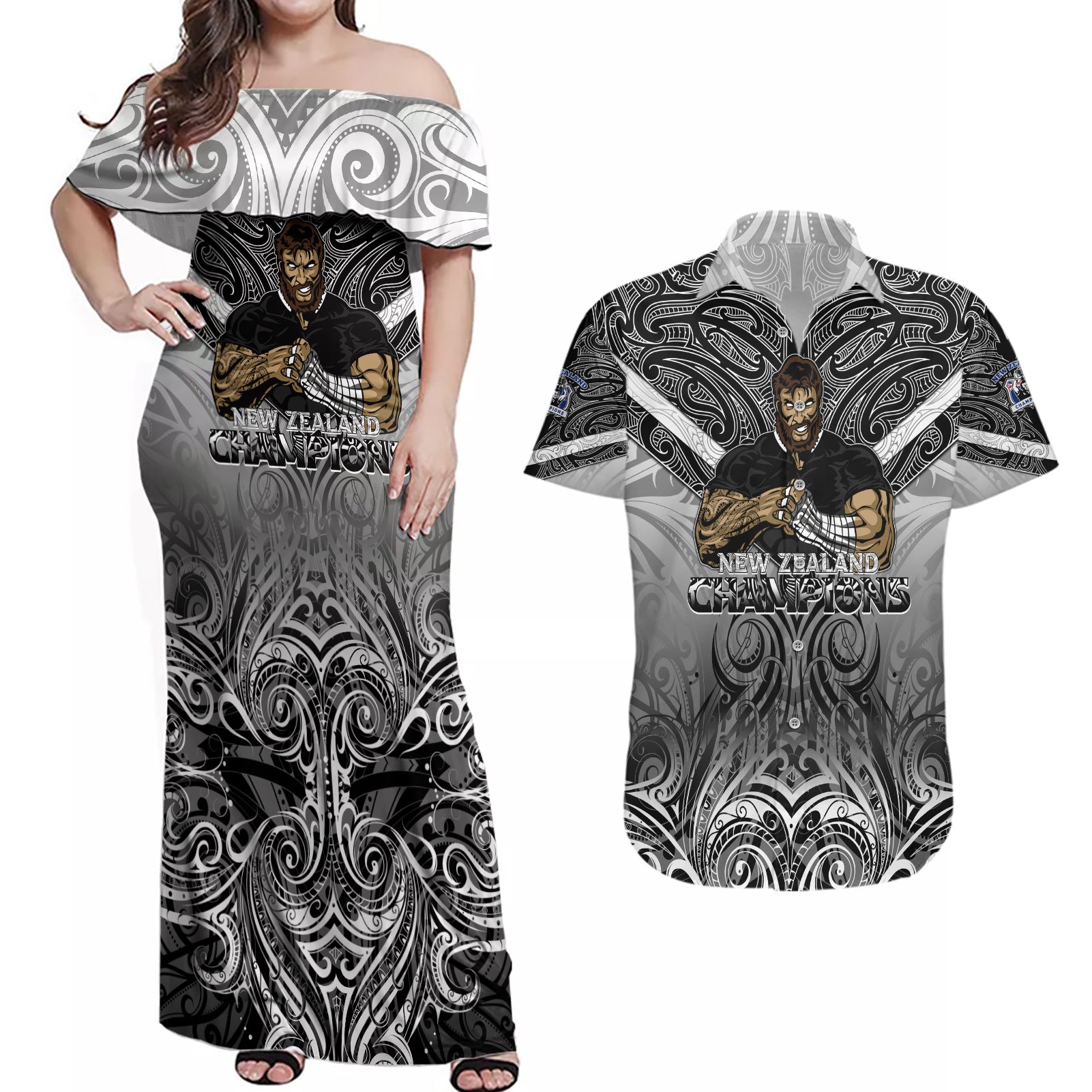 New Zealand Couples Matching Off Shoulder Maxi Dress and Hawaiian Shirt Rugby Aotearoa Champions - Wonder Print Shop