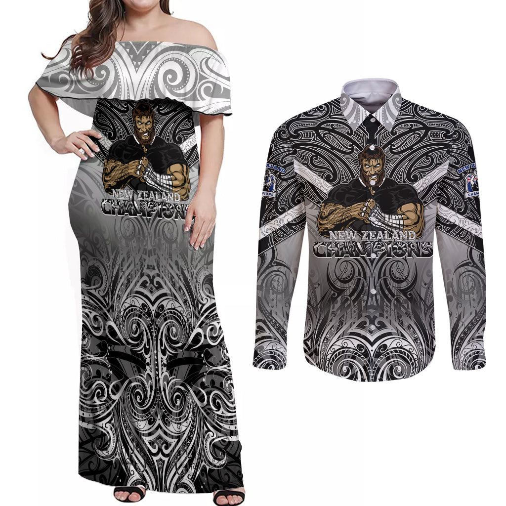 New Zealand Couples Matching Off Shoulder Maxi Dress and Long Sleeve Button Shirt Rugby Aotearoa Champions - Wonder Print Shop