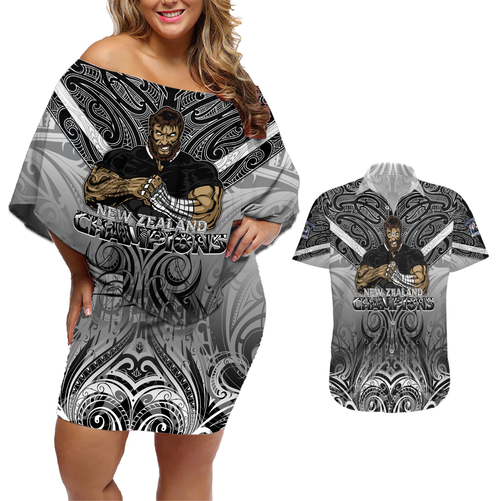 New Zealand Couples Matching Off Shoulder Short Dress and Hawaiian Shirt Rugby Aotearoa Champions - Wonder Print Shop