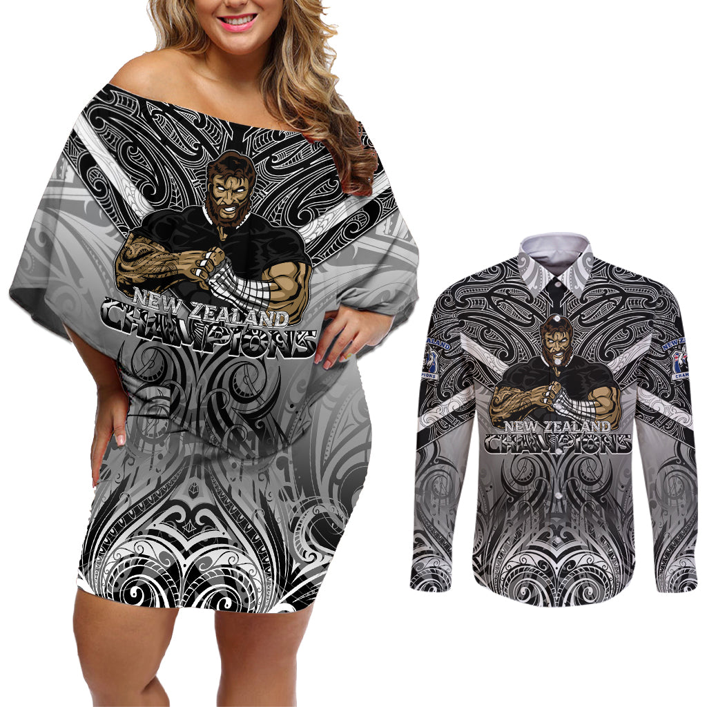 New Zealand Couples Matching Off Shoulder Short Dress and Long Sleeve Button Shirt Rugby Aotearoa Champions - Wonder Print Shop