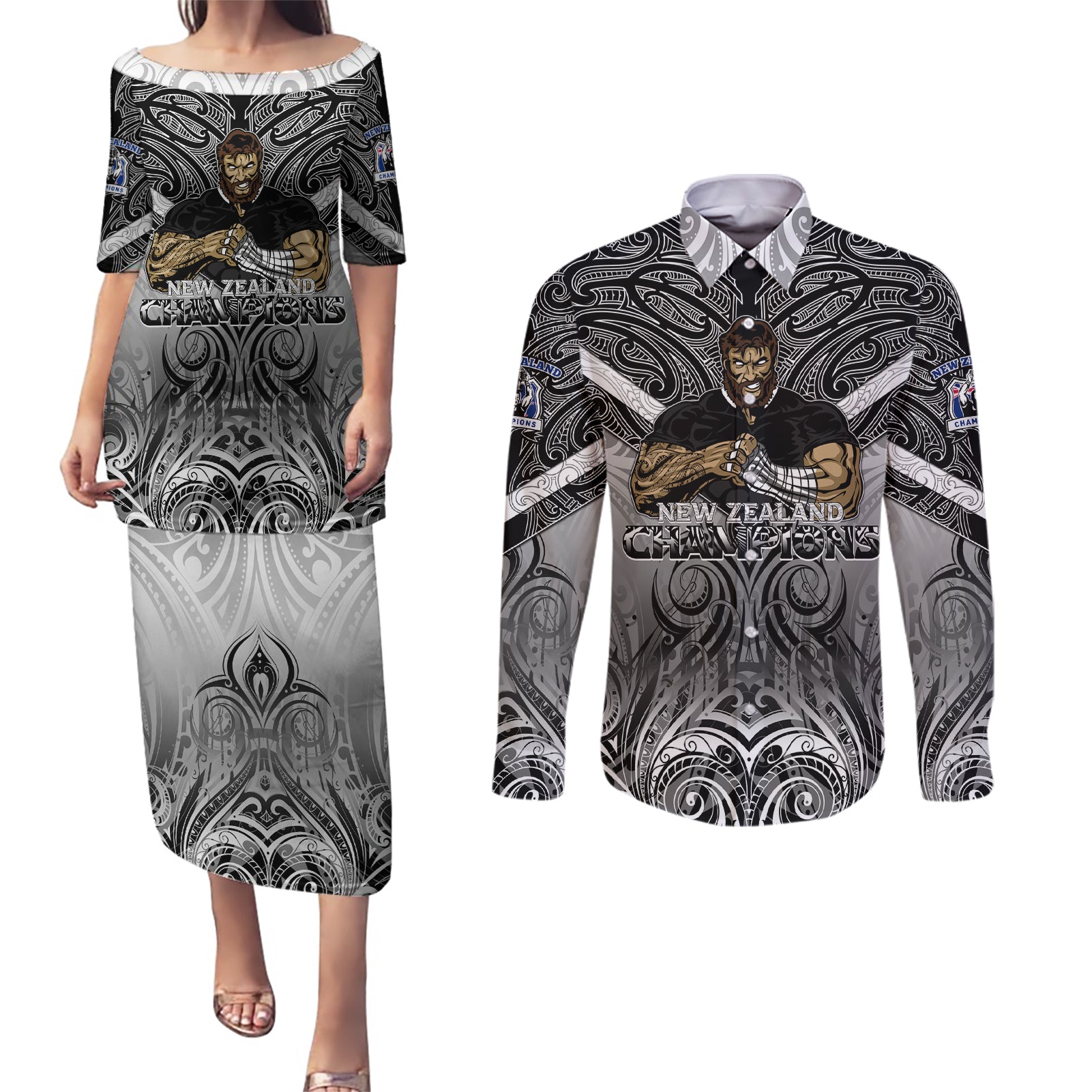 New Zealand Couples Matching Puletasi Dress and Long Sleeve Button Shirt Rugby Aotearoa Champions - Wonder Print Shop