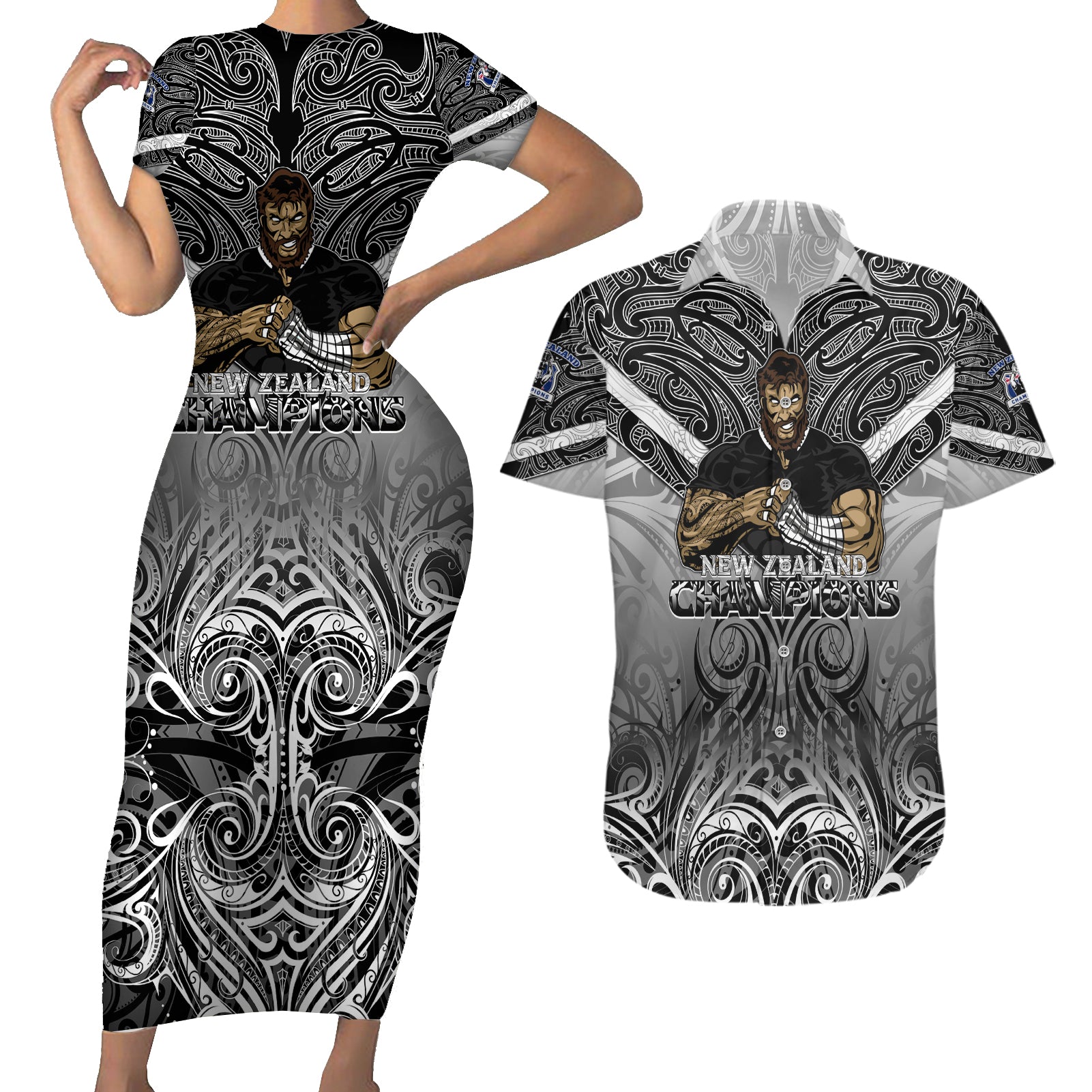 New Zealand Couples Matching Short Sleeve Bodycon Dress and Hawaiian Shirt Rugby Aotearoa Champions - Wonder Print Shop