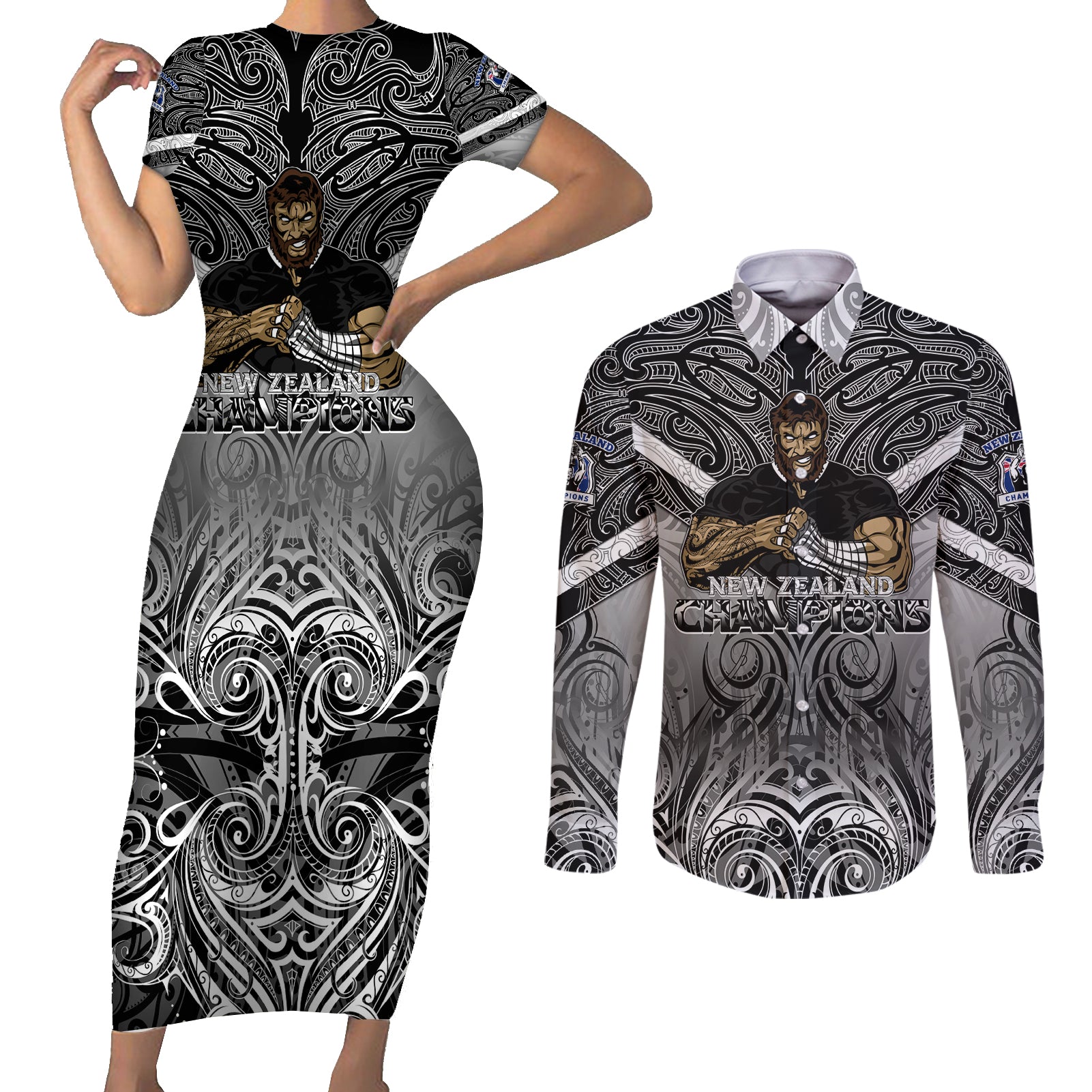 New Zealand Couples Matching Short Sleeve Bodycon Dress and Long Sleeve Button Shirt Rugby Aotearoa Champions - Wonder Print Shop