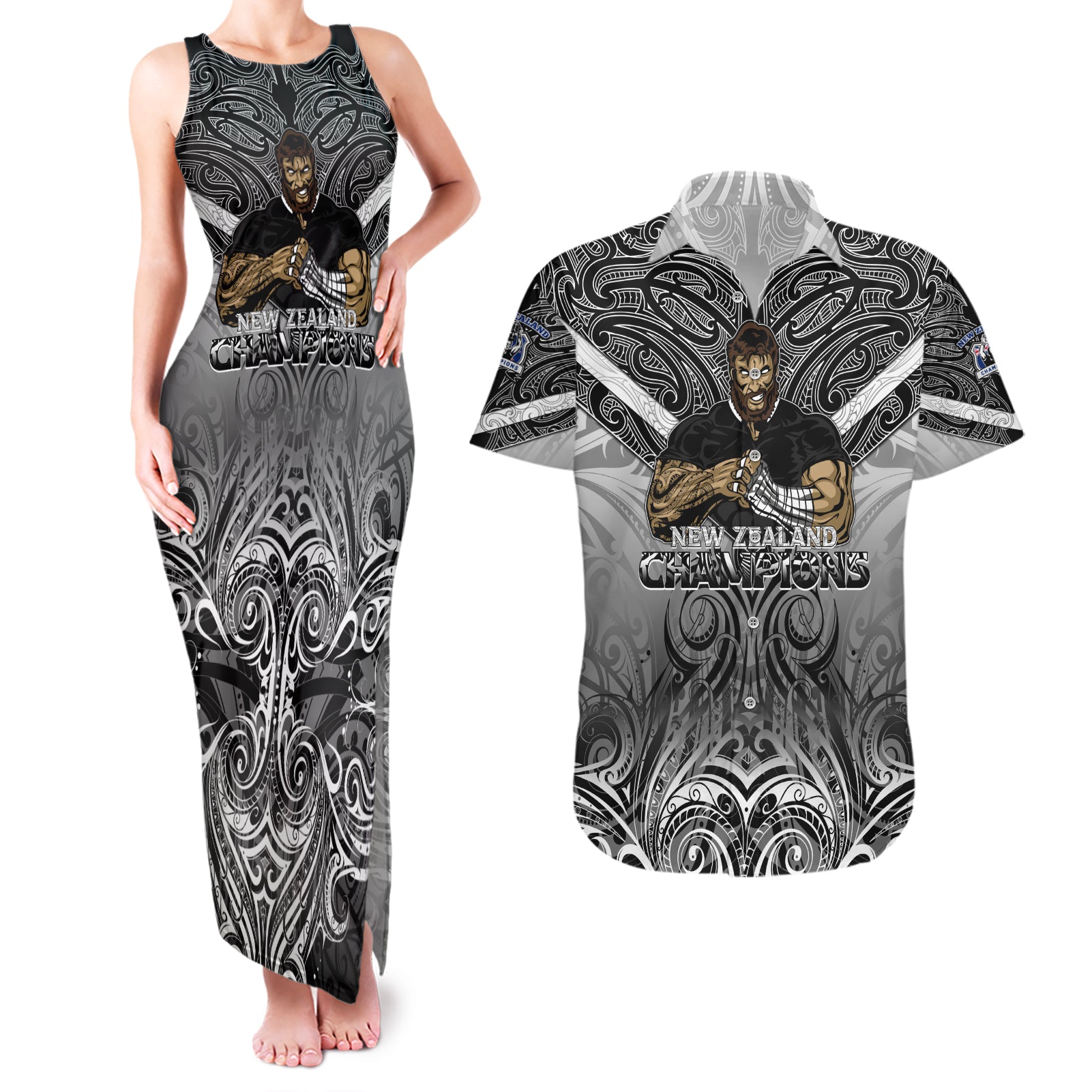 New Zealand Couples Matching Tank Maxi Dress and Hawaiian Shirt Rugby Aotearoa Champions - Wonder Print Shop