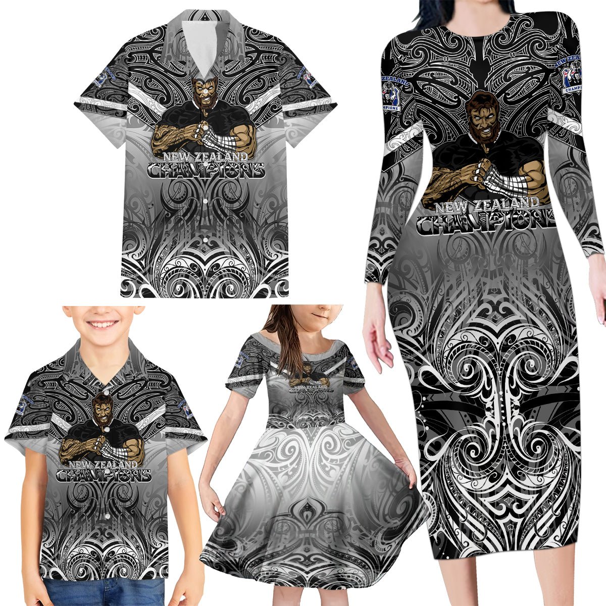 New Zealand Family Matching Long Sleeve Bodycon Dress and Hawaiian Shirt Rugby Aotearoa Champions - Wonder Print Shop