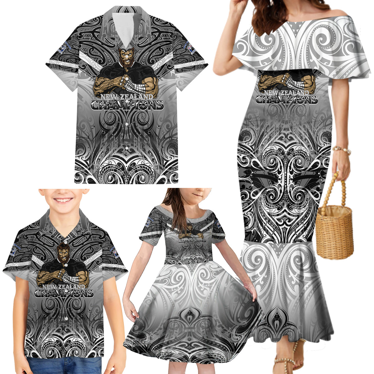 New Zealand Family Matching Mermaid Dress and Hawaiian Shirt Rugby Aotearoa Champions - Wonder Print Shop