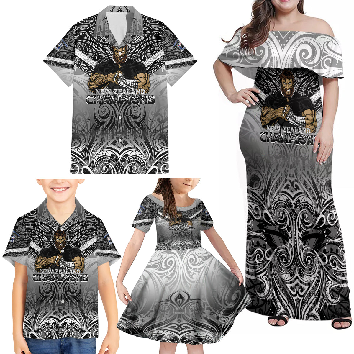 New Zealand Family Matching Off Shoulder Maxi Dress and Hawaiian Shirt Rugby Aotearoa Champions - Wonder Print Shop