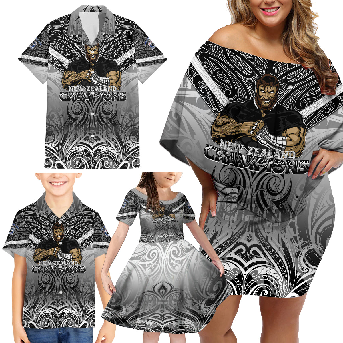 New Zealand Family Matching Off Shoulder Short Dress and Hawaiian Shirt Rugby Aotearoa Champions - Wonder Print Shop