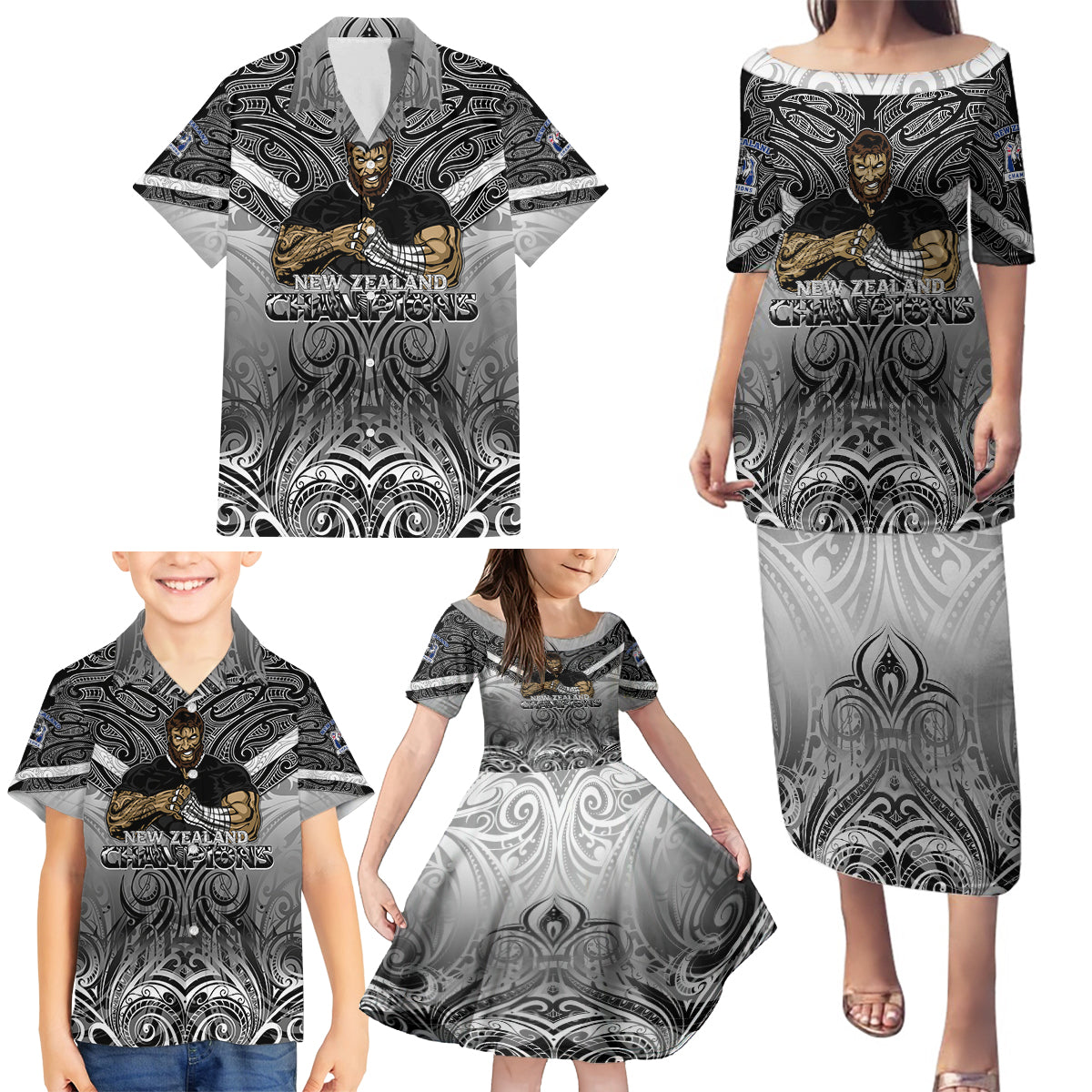 New Zealand Family Matching Puletasi Dress and Hawaiian Shirt Rugby Aotearoa Champions - Wonder Print Shop