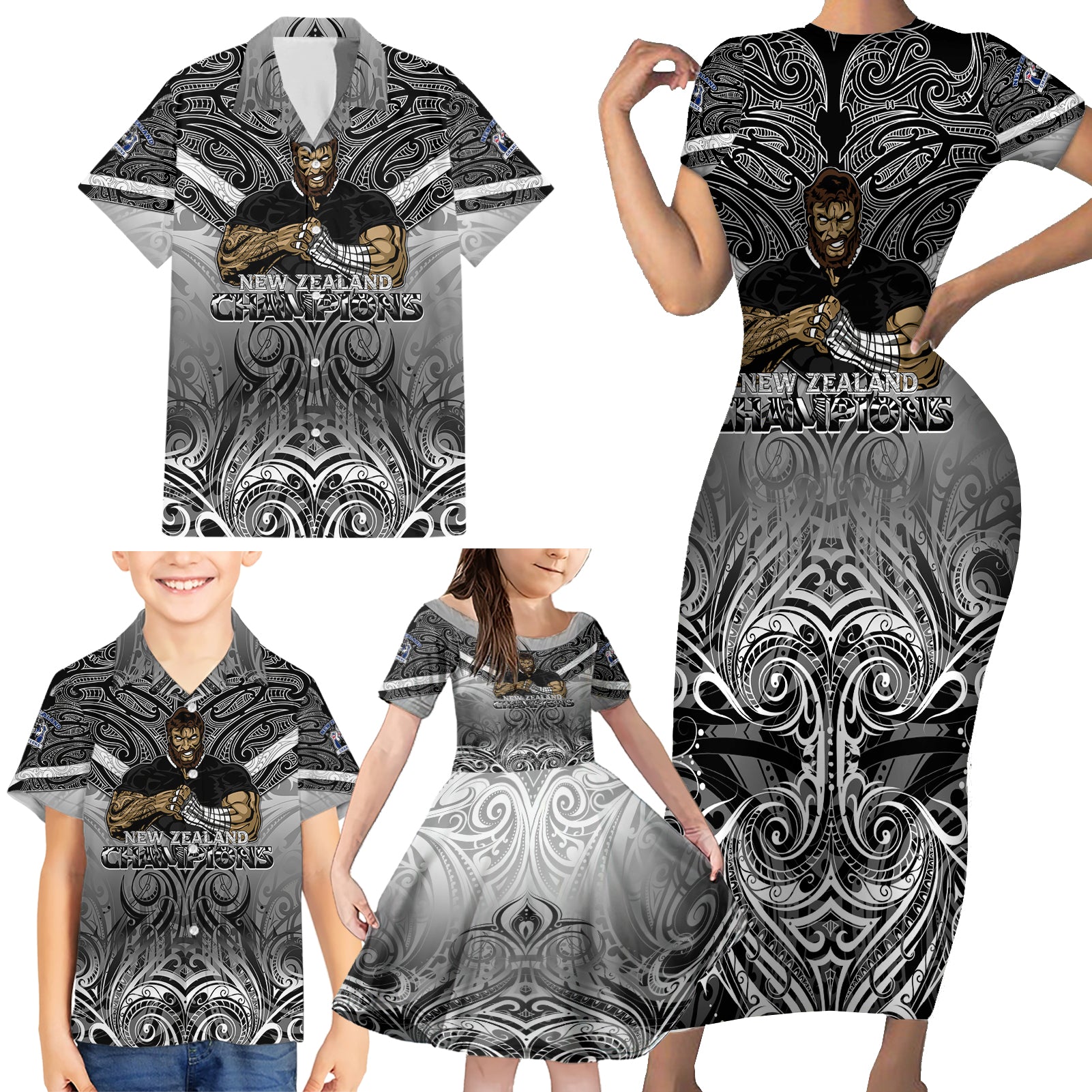 New Zealand Family Matching Short Sleeve Bodycon Dress and Hawaiian Shirt Rugby Aotearoa Champions - Wonder Print Shop