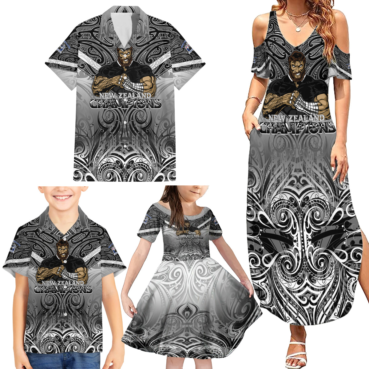 New Zealand Family Matching Summer Maxi Dress and Hawaiian Shirt Rugby Aotearoa Champions - Wonder Print Shop