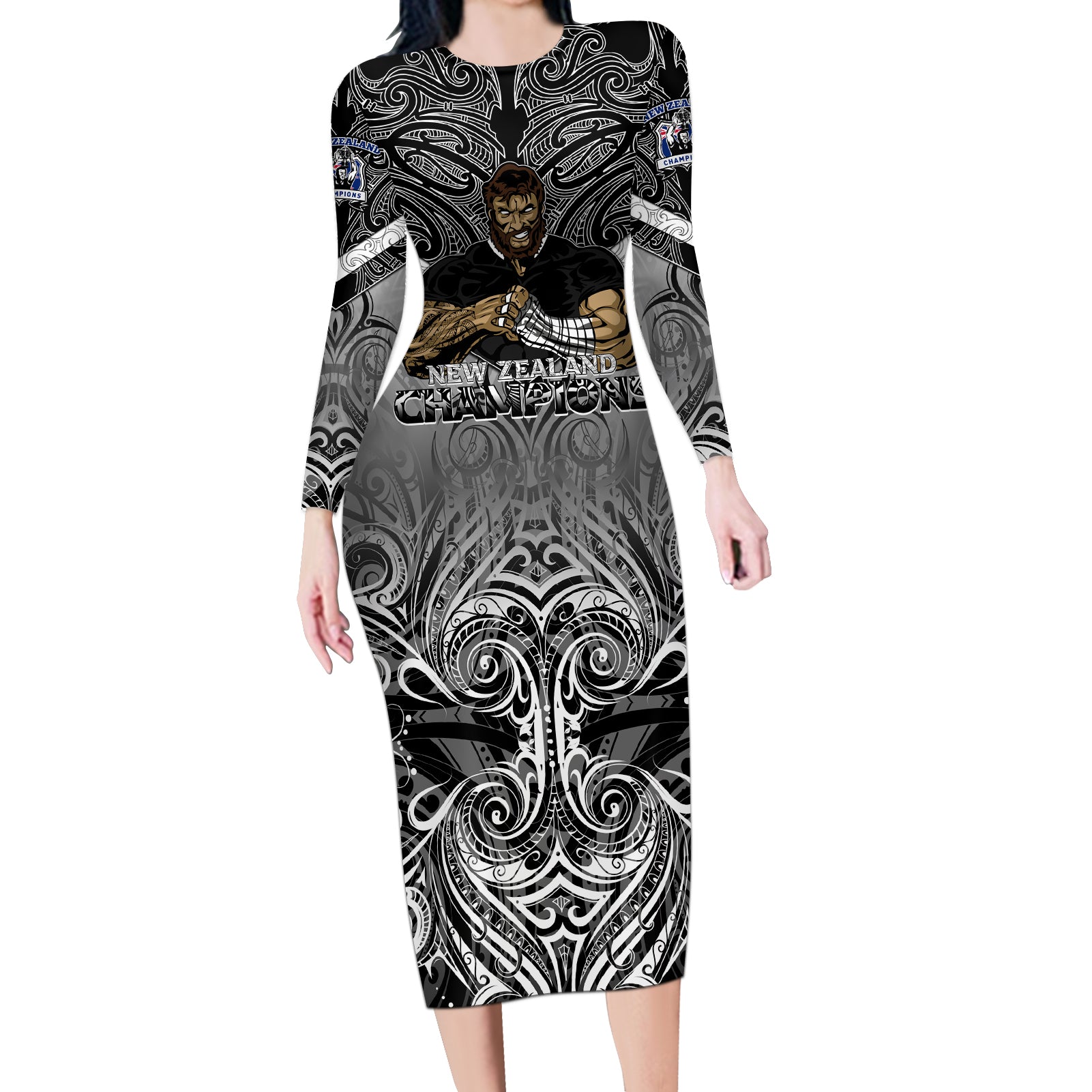 New Zealand Long Sleeve Bodycon Dress Rugby Aotearoa Champions - Wonder Print Shop