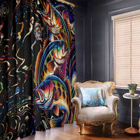 Black window curtain featuring bright bass fish and wave-style artwork.