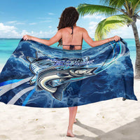 Blue wrap sarong with large striped bass and wave pattern, tie waist for swimwear