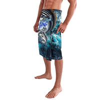 Blue ocean fish print sarong wrap skirt, side view with full front graphic