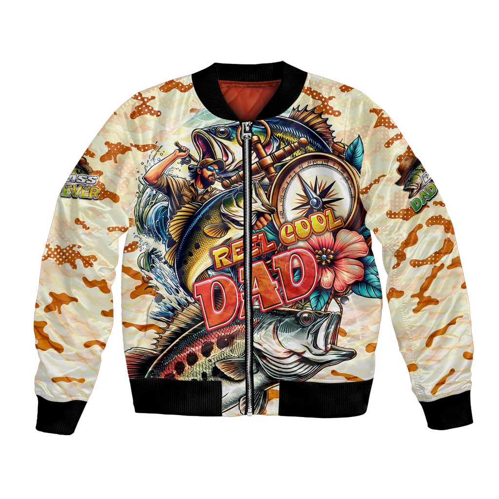 Beige bomber jacket with black ribbed collar, full-zip front, colorful bass graphic