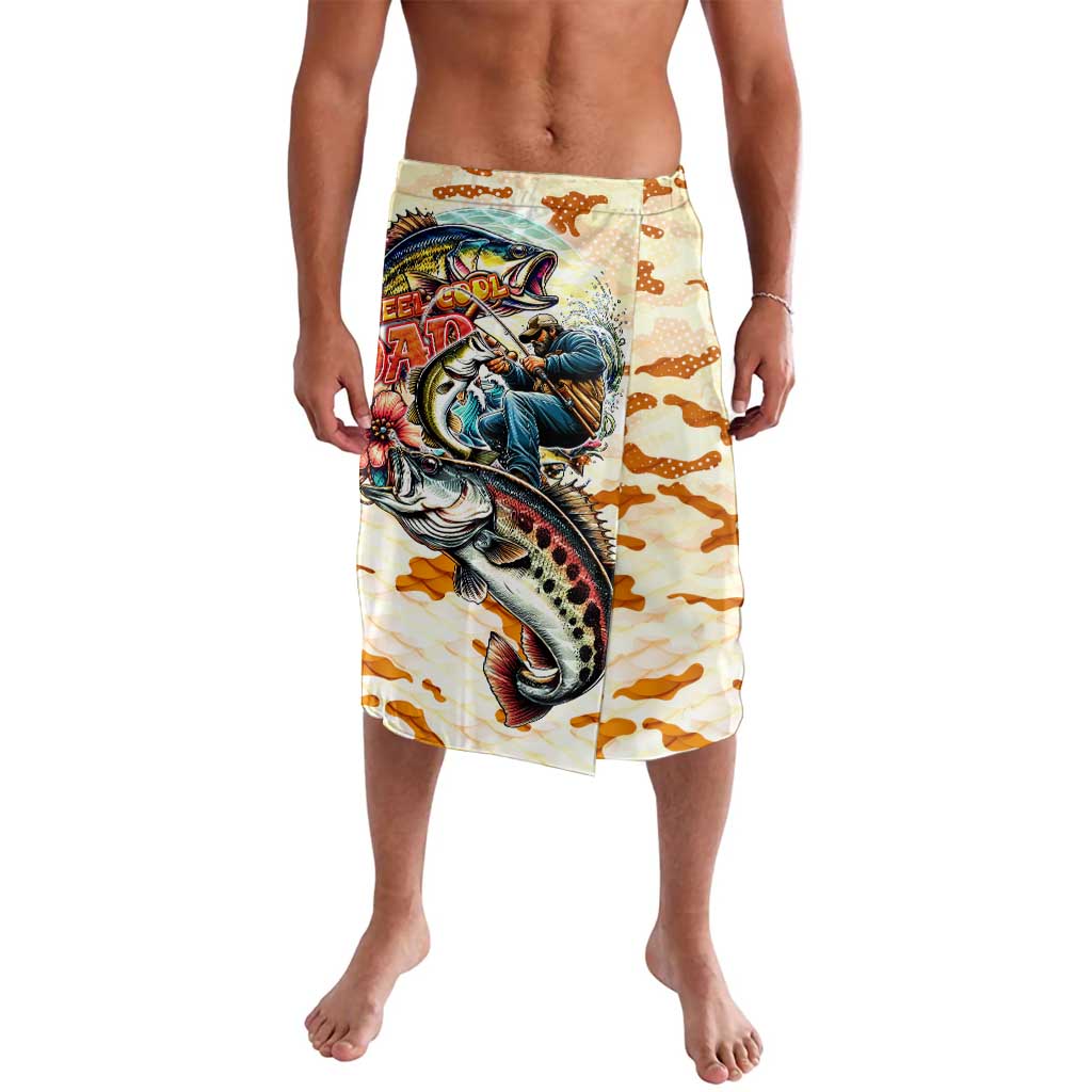 Men's beige tropical bass print lava-lava skirt with front fish graphic