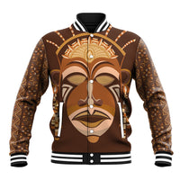 Brown unisex baseball jacket with tribal lion-face print, striped rib collar/cuffs, front snap buttons