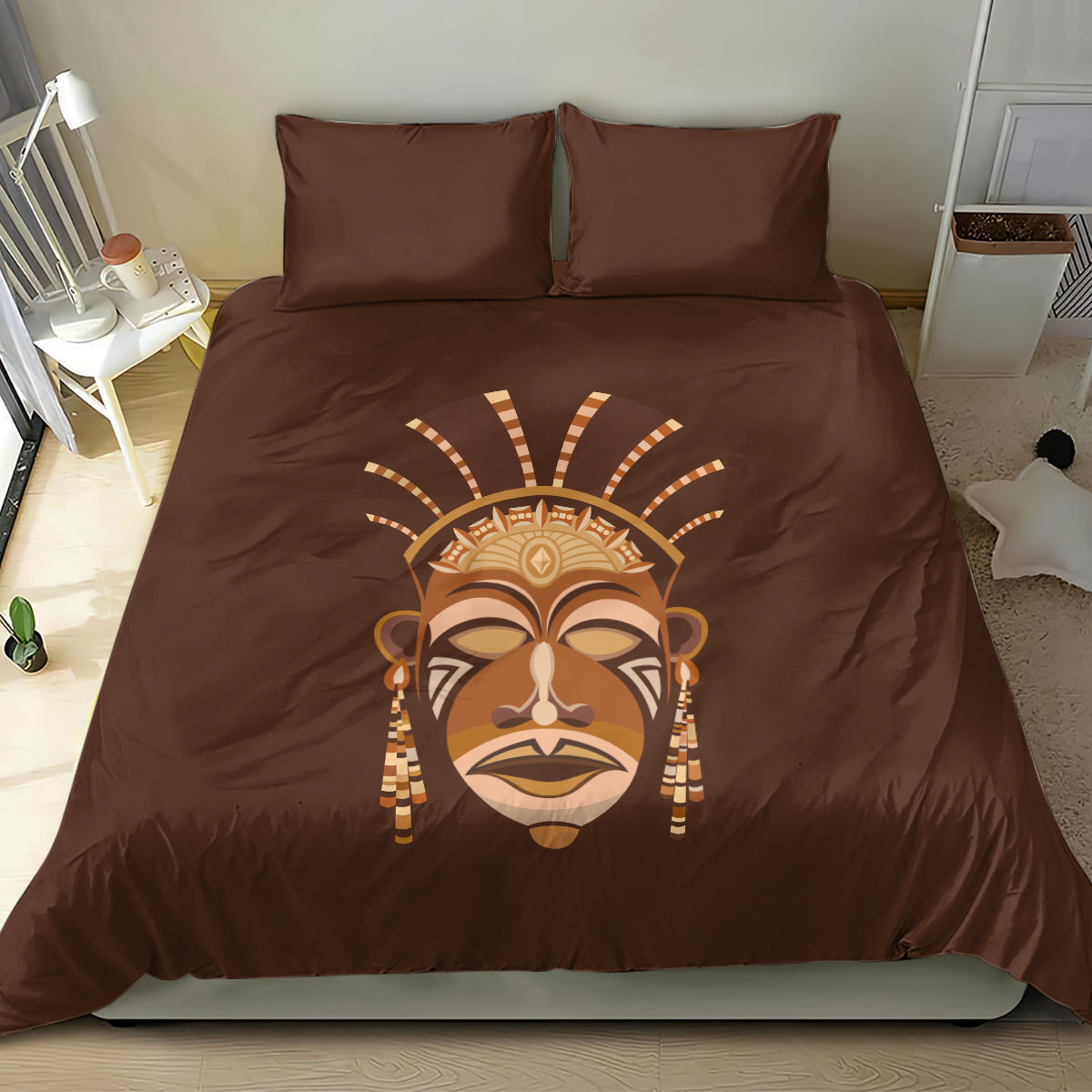 Brown bedding set with tribal face mask print on duvet and matching pillows
