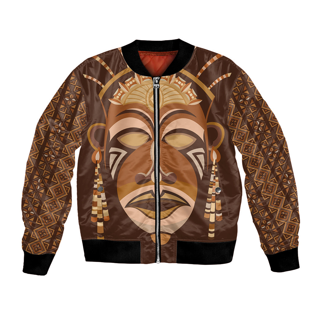 Bomber jacket with tribal mask face print, brown/gold satin look, zip front, ribbed hem