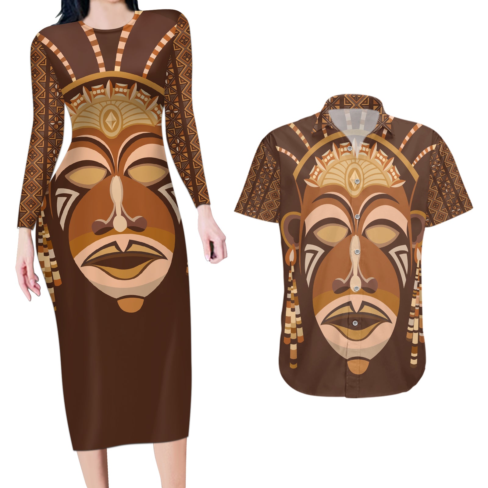 African Women Couples Matching Long Sleeve Bodycon Dress and Hawaiian Shirt Tribal Ethnic Mask - Wonder Print Shop