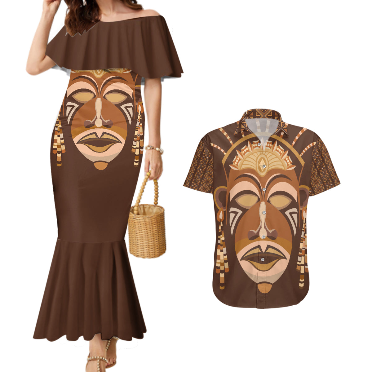 African Women Couples Matching Mermaid Dress and Hawaiian Shirt Tribal Ethnic Mask - Wonder Print Shop