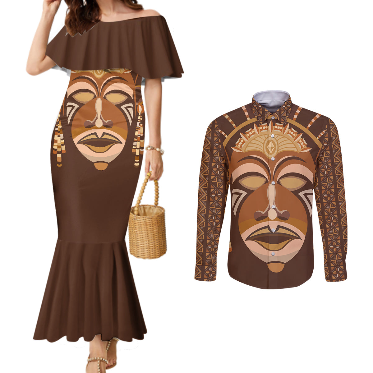 African Women Couples Matching Mermaid Dress and Long Sleeve Button Shirt Tribal Ethnic Mask