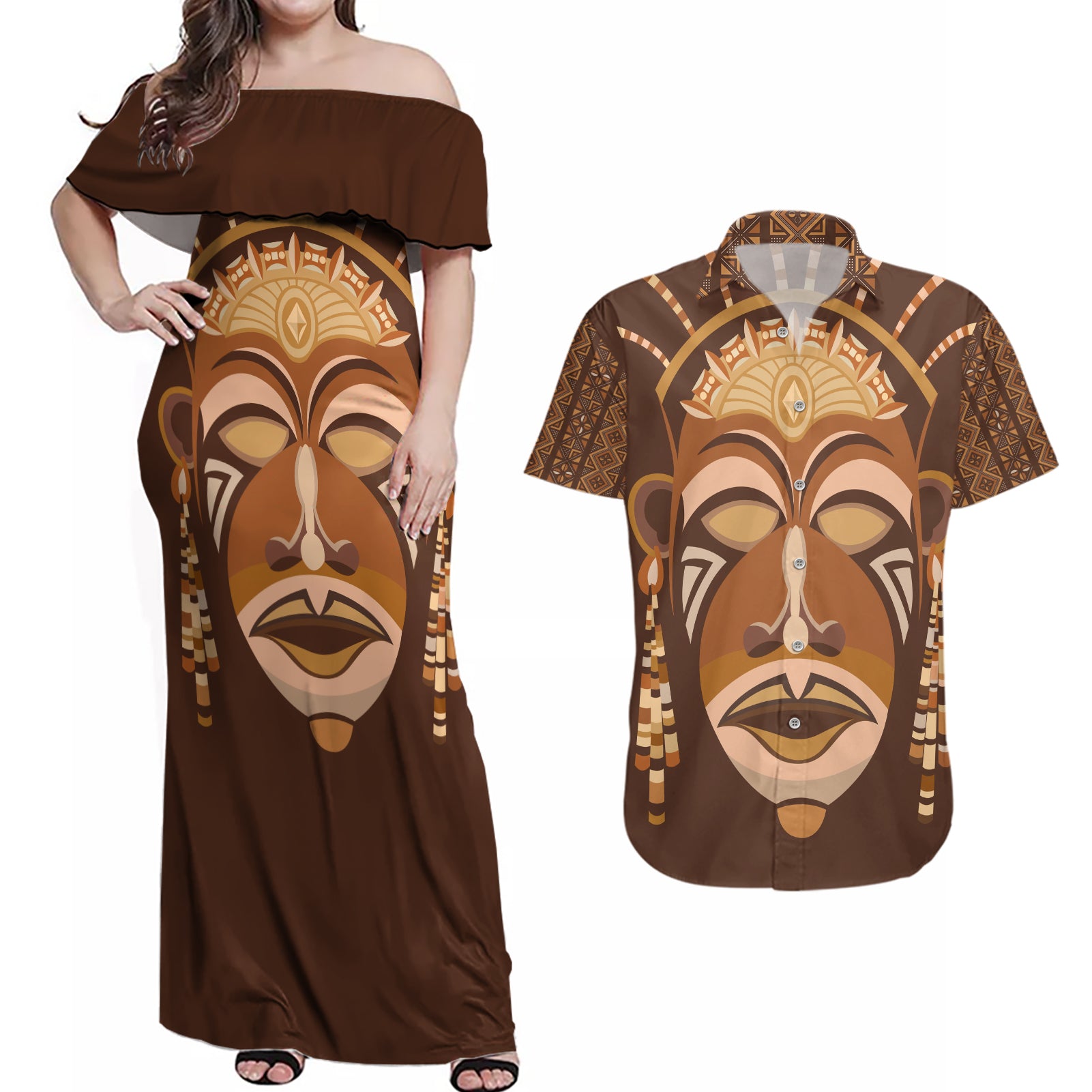 African Women Couples Matching Off Shoulder Maxi Dress and Hawaiian Shirt Tribal Ethnic Mask - Wonder Print Shop