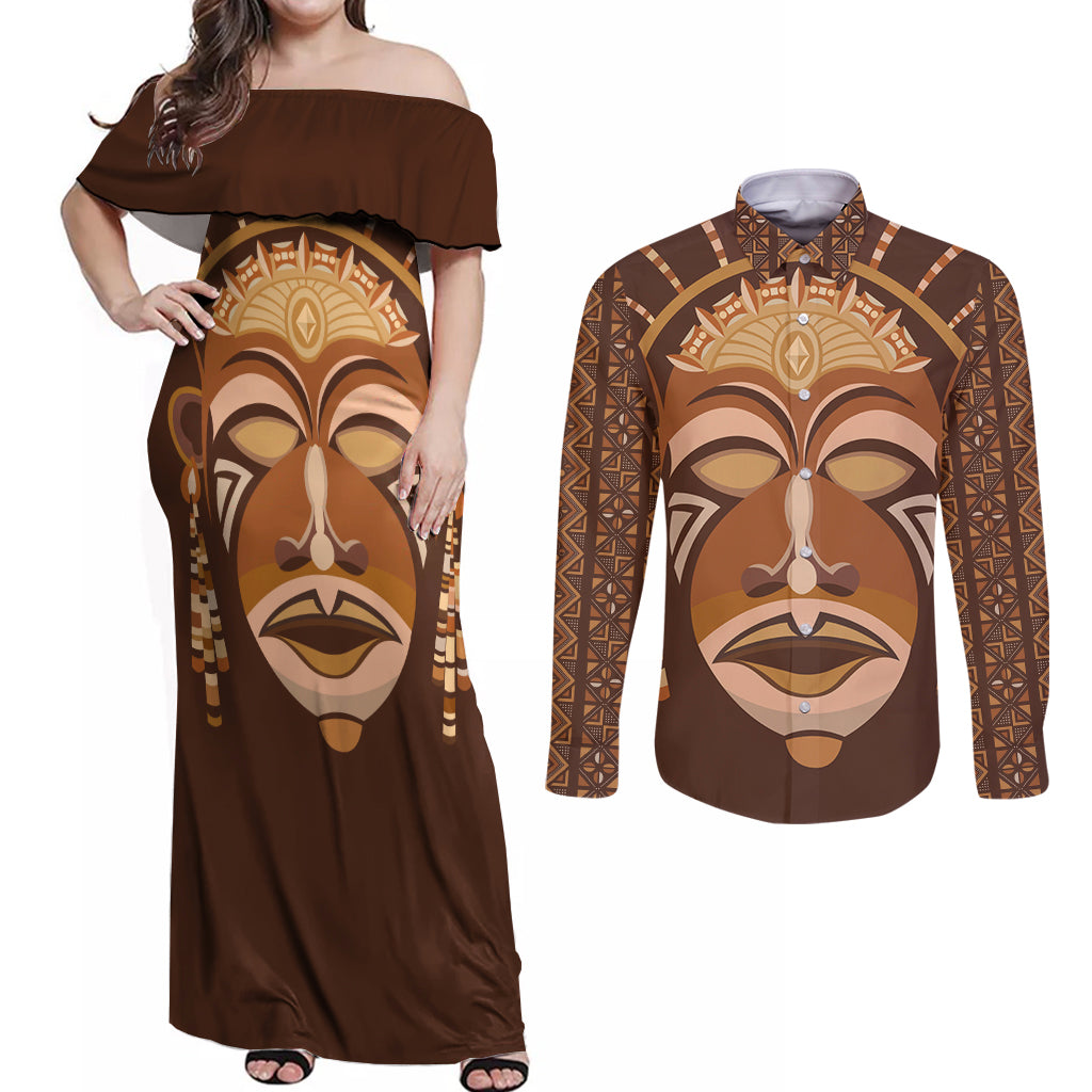 African Women Couples Matching Off Shoulder Maxi Dress and Long Sleeve Button Shirt Tribal Ethnic Mask - Wonder Print Shop