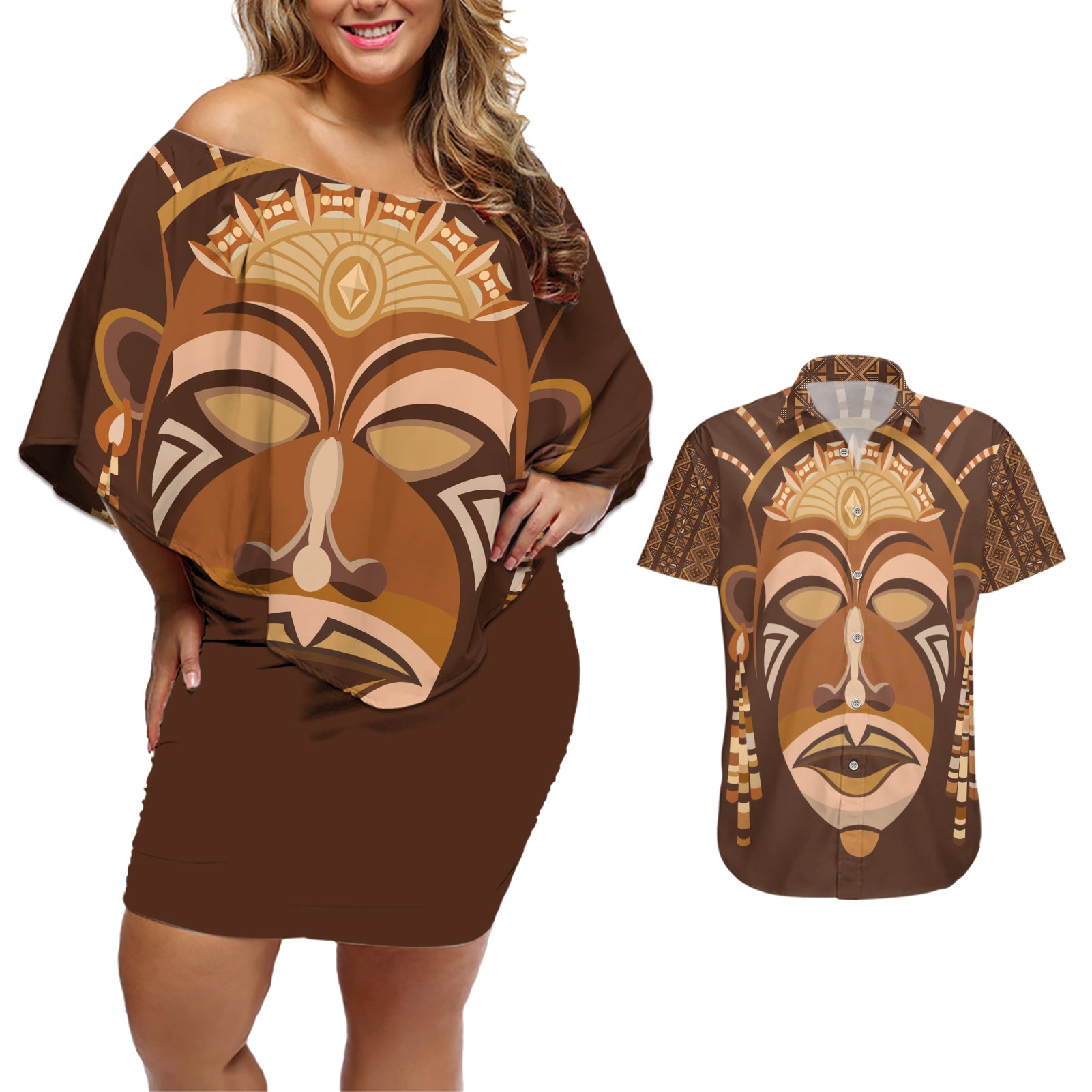 African Women Couples Matching Off Shoulder Short Dress and Hawaiian Shirt Tribal Ethnic Mask - Wonder Print Shop