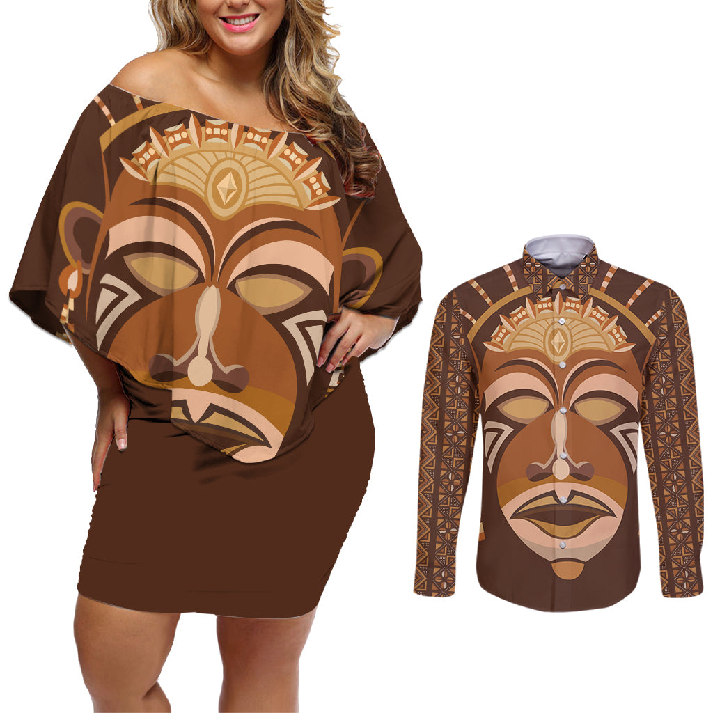 African Women Couples Matching Off Shoulder Short Dress and Long Sleeve Button Shirt Tribal Ethnic Mask - Wonder Print Shop