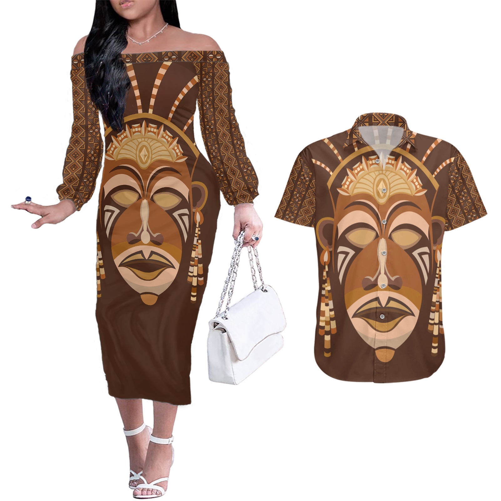 African Women Couples Matching Off The Shoulder Long Sleeve Dress and Hawaiian Shirt Tribal Ethnic Mask - Wonder Print Shop