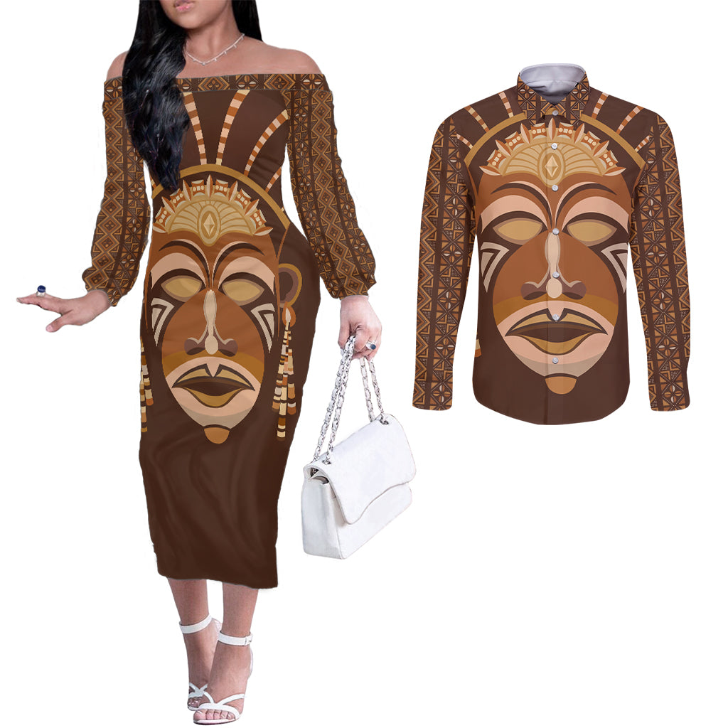 African Women Couples Matching Off The Shoulder Long Sleeve Dress and Long Sleeve Button Shirt Tribal Ethnic Mask