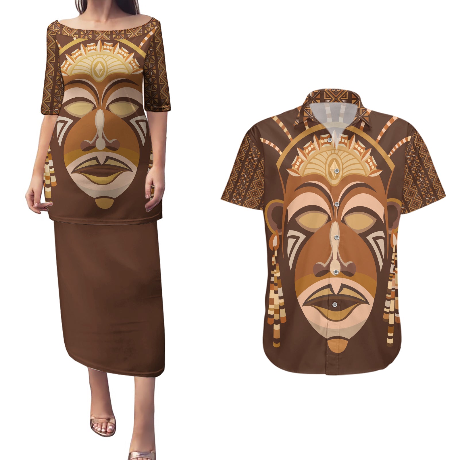 African Women Couples Matching Puletasi and Hawaiian Shirt Tribal Ethnic Mask - Wonder Print Shop