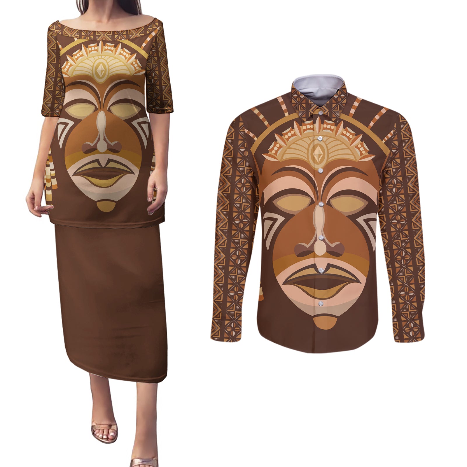 African Women Couples Matching Puletasi and Long Sleeve Button Shirt Tribal Ethnic Mask - Wonder Print Shop